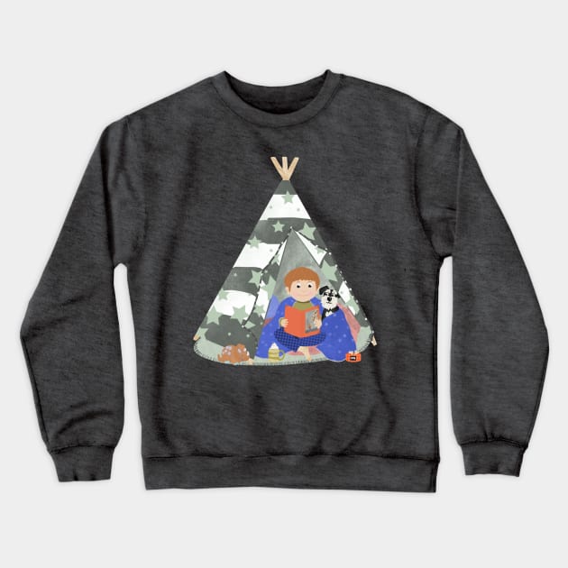 Little boy in a teepee den with story book and puppy Crewneck Sweatshirt by NattyDesigns